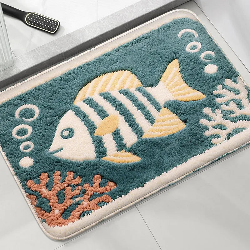 Cartoon Fish Bathroom Anti Slip Mat Shower Room Small Carpet Bathroom Absorbent Foot Mat Home Decoration Mat Machine Washable