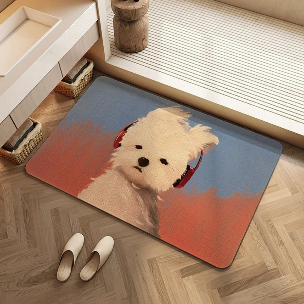 Two Tone Headphone Puppy Bath Mat Quick Dry Shower Rug Oil Painting Style Sweet Dog Portrait Neutral Washable Bathroom Doormat