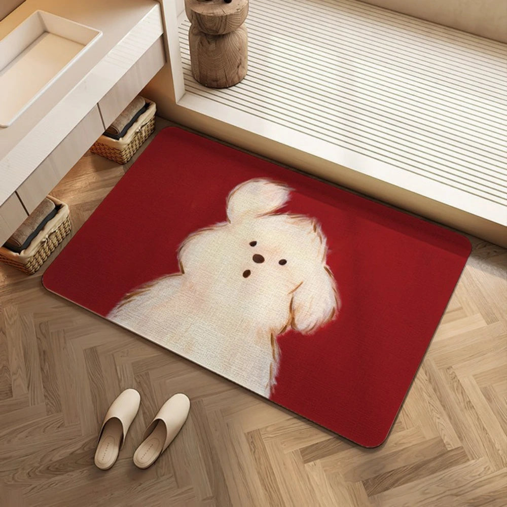Two Tone Headphone Puppy Bath Mat Quick Dry Shower Rug Oil Painting Style Sweet Dog Portrait Neutral Washable Bathroom Doormat