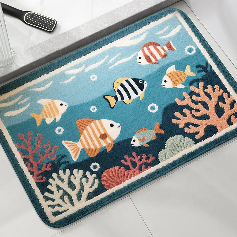 Cartoon Fish Bathroom Anti Slip Mat Shower Room Small Carpet Bathroom Absorbent Foot Mat Home Decoration Mat Machine Washable