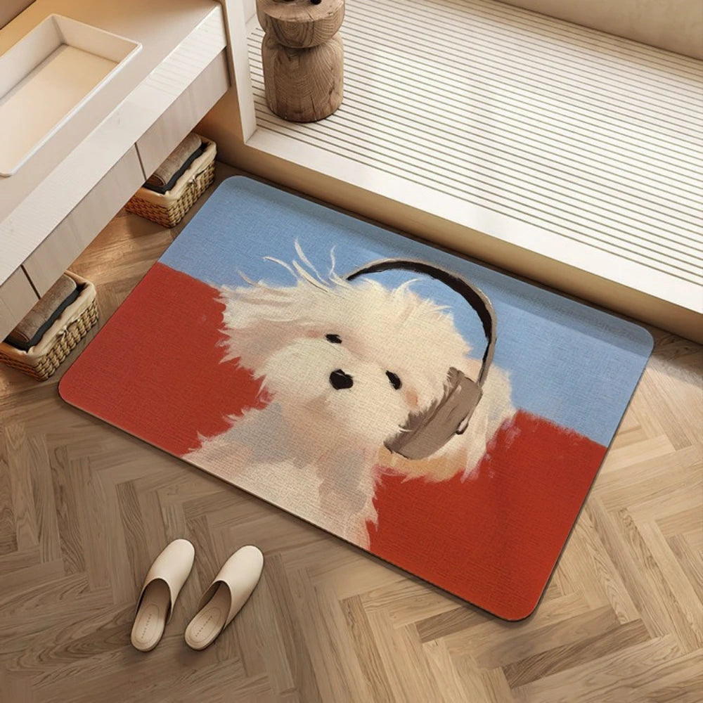 Two Tone Headphone Puppy Bath Mat Quick Dry Shower Rug Oil Painting Style Sweet Dog Portrait Neutral Washable Bathroom Doormat