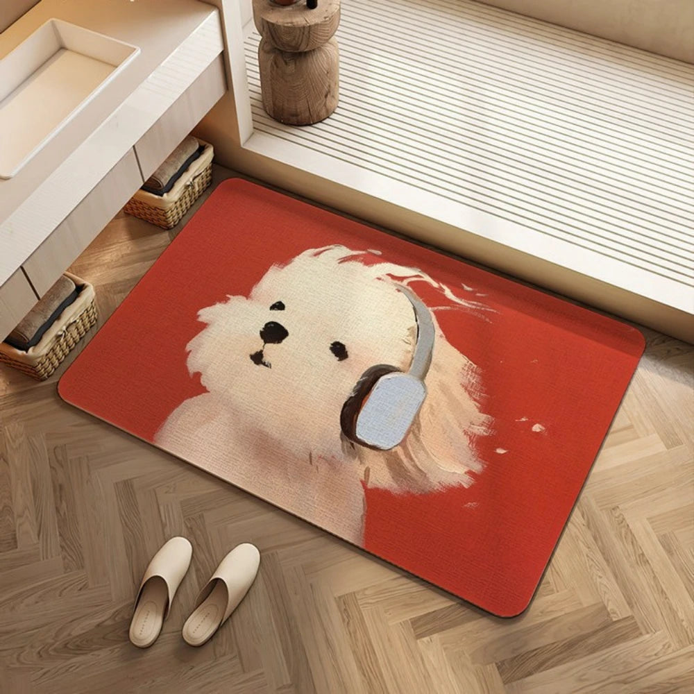 Two Tone Headphone Puppy Bath Mat Quick Dry Shower Rug Oil Painting Style Sweet Dog Portrait Neutral Washable Bathroom Doormat