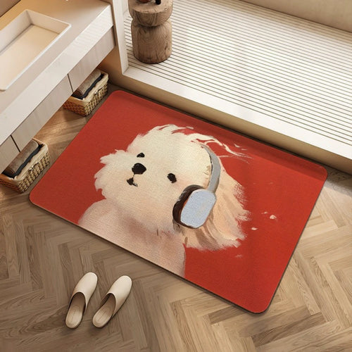 Two Tone Headphone Puppy Bath Mat Quick Dry Shower Rug Oil Painting Style Sweet Dog Portrait Neutral Washable Bathroom Doormat